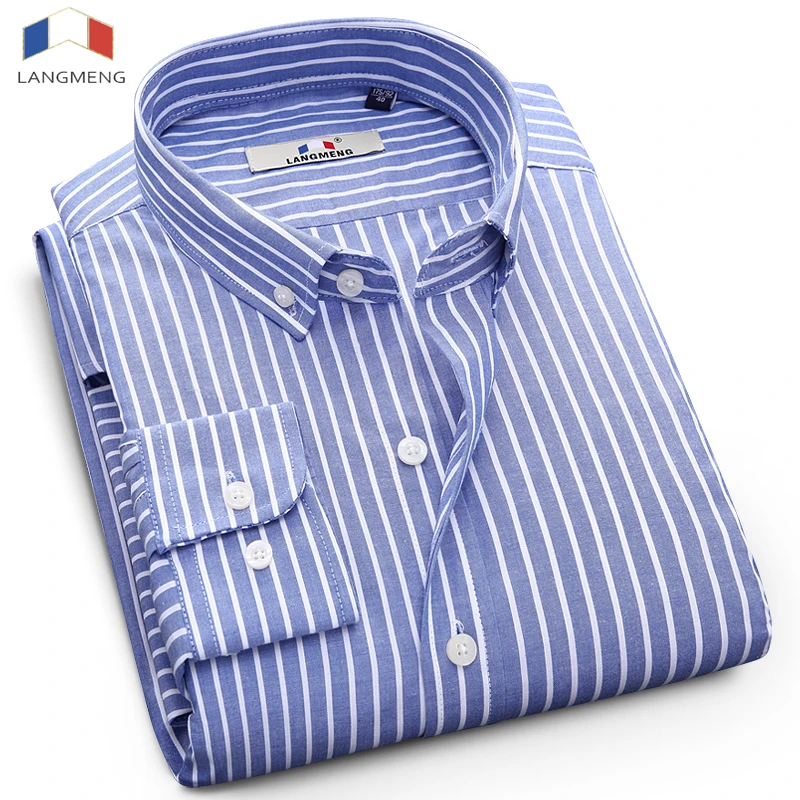 En Ligne LANGMENG 100% Coton Rayé Chemise Hommes À Manches Longues Robe D affaires Chemises Hommes Chemises Sport Marque Vêtements Masculina Camisa
