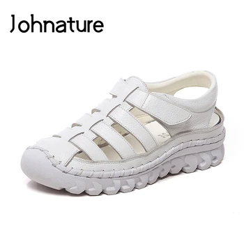 

Johnature Genuine Leather 2020 New Summer Sandals Round Toe Casual Hook & Loop Retro Sewing Handmade Women Shoes