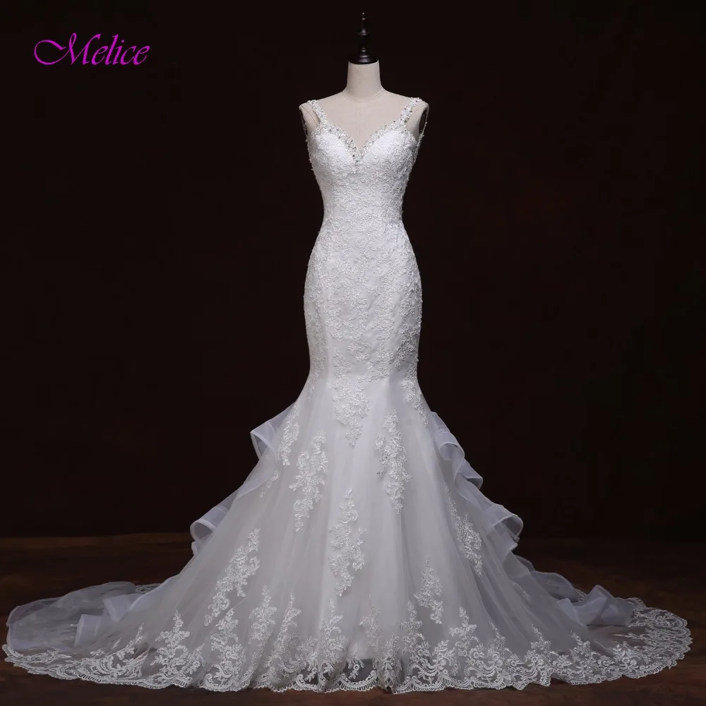 Melice Charme Querida Frisada de Cristal Da Sereia Vestidos de Noiva 2018 Lindo Apliques Sem Costas Vestido de Casamento Robe De Mariage