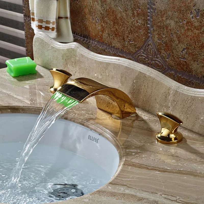 

Deck Mounted Bathroom Basin Faucet 3pcs Waterfall LED Spout Gold Polished