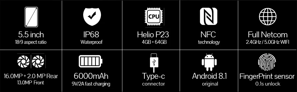 Cubot King Kong 3 прочный водонепроницаемый телефон стандарта IP68 пылезащитный NFC 6000 мАч 4 Гб + 64 ГБ Android 8.1Type-C Быстрая зарядка MT6763T Octa core