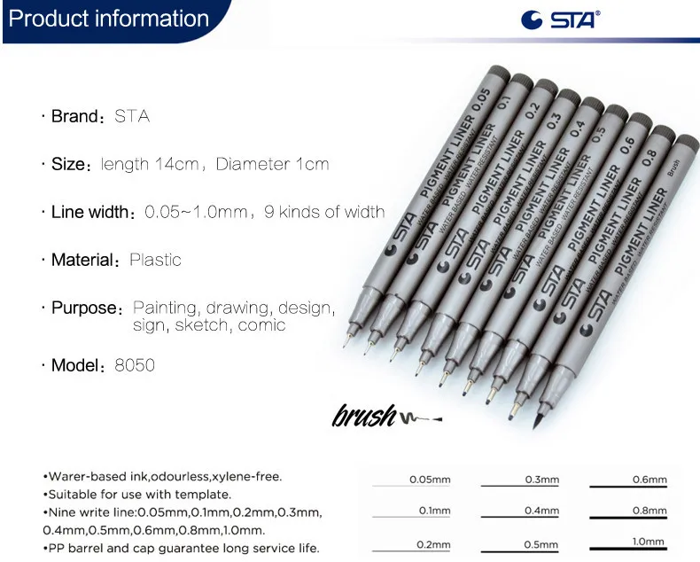 STA 9 шт./лот кисточка на водной основе маркеры DifferentSize пигмент лайнер треугольные ручки Fineliner художественные канцелярские принадлежности