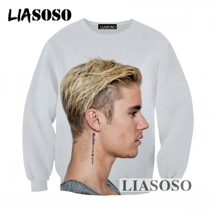 LIASOSO Harajuku Sweatshirt 3D Print Popular Singer Justin Bieber Men Women Tracksuits Loose Long Sleeves Pullovers Tops T743