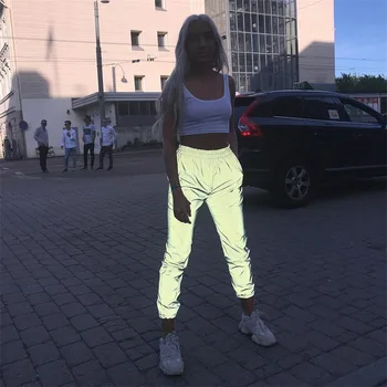

2019 New Autumn winter women casual gray solid Elastic streetwear trousers Flash Reflective jogger Pants