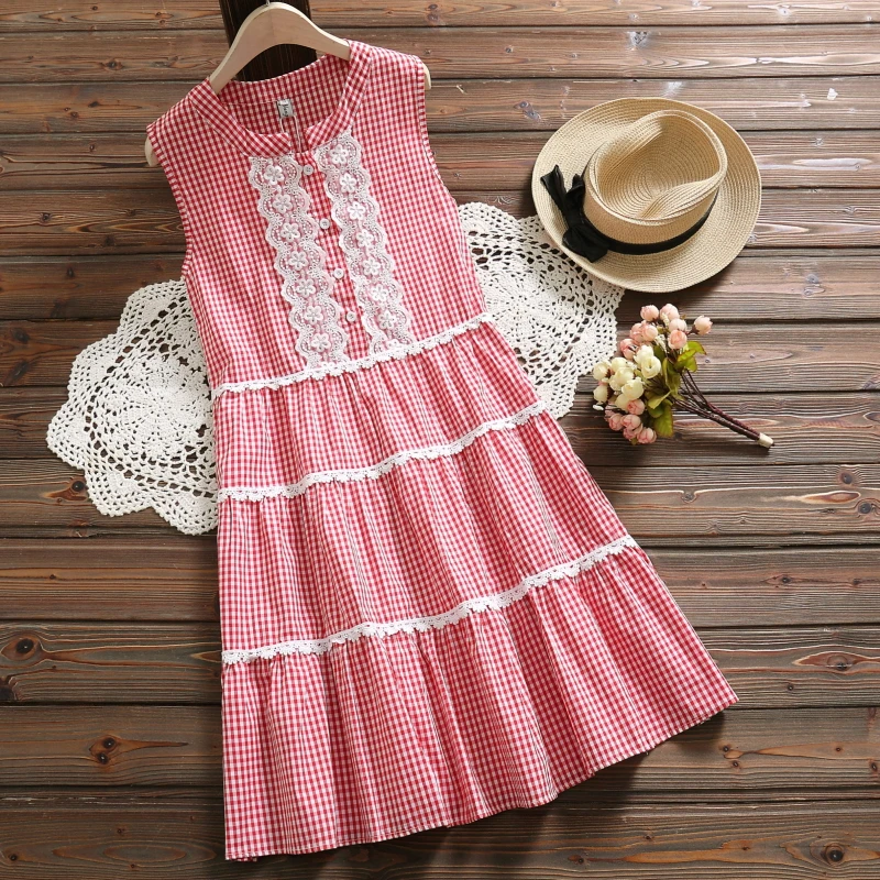 

2019 summer new cotton retro literary commuter round neck lace elastic waist plaid sleeveless dress