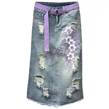 Размера плюс 5XL! Джинсовая юбка, Весенняя мода, вышитый бисером фиолетовый вышитый трехмерный цветок, женская джинсовая юбка