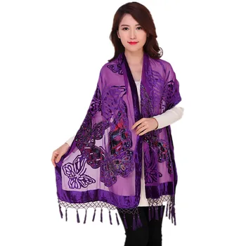 

2019 New Lady Women Animal Butterfly Pashmina Scarf Velvet Silk Beaded Tassels Rectangle Embroidered Shawl Wrap 50cm*170cm