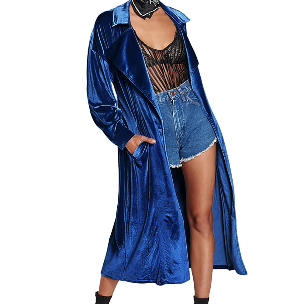 Длинное зимнее пальто, женское однотонное обычное приталенное пальто с длинным рукавом, бархатное пальто с баской, кардиган размера плюс, Женская ветровка, Тренч, пальто Y2 - Цвет: Blue