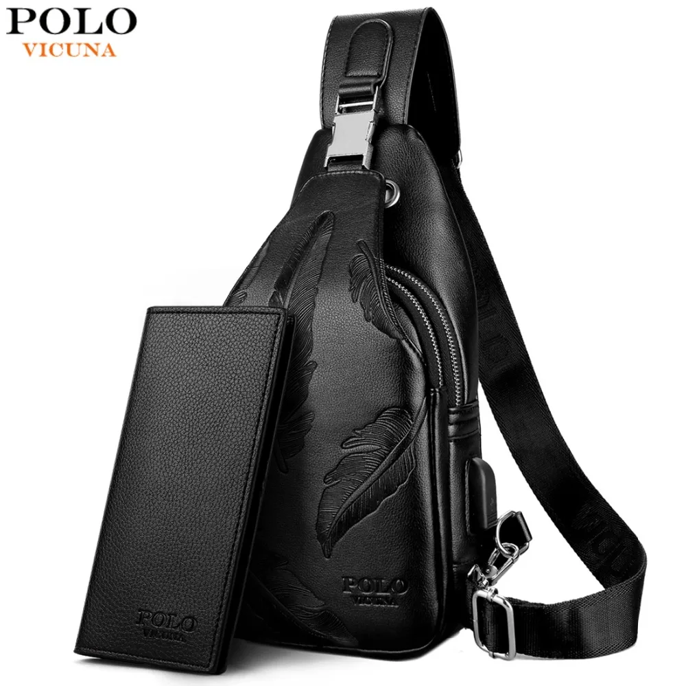 

VICUNA POLO Double Pocket Feather Embossing USB Charging With Headphone Outlet Leather Men Messenger Bag Shoulder Bag Chest Bag