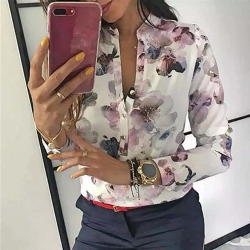 

2019 Spring Elegant Women's Blouse Floral Print Button Design Long Sleeve Women's Shirts Office Lady Basic V-Neck Women Tops