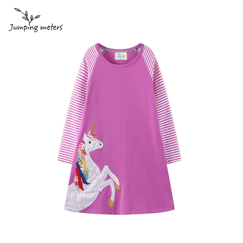 

JUMPING METERS 2019 New Children Dress for Girls Cute Casual Dress Long Sleeve Pattern Horse Cotton Pink O-neck Children Dress