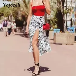 Yojoceli Повседневная Уличная одежда в горошек юбка Женщины Кнопка Сплит Линия нижней юбки 2018 осень юбка миди