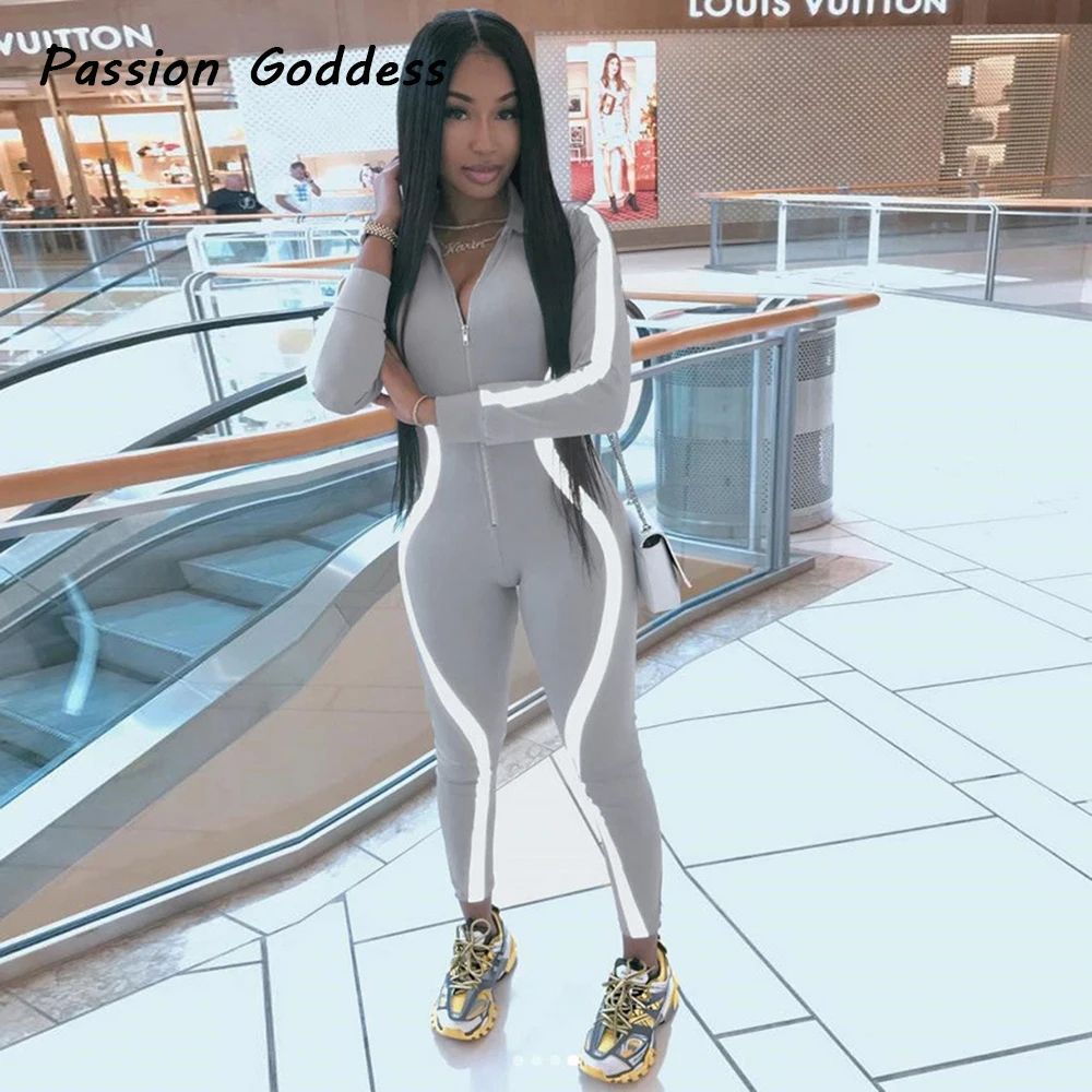

Casual Women Reflective Stitching Jumpsuit Romper Fitness Elastic Combinaison Femme Long Sleeve Overalls Skinny Zipper Jumpsuits