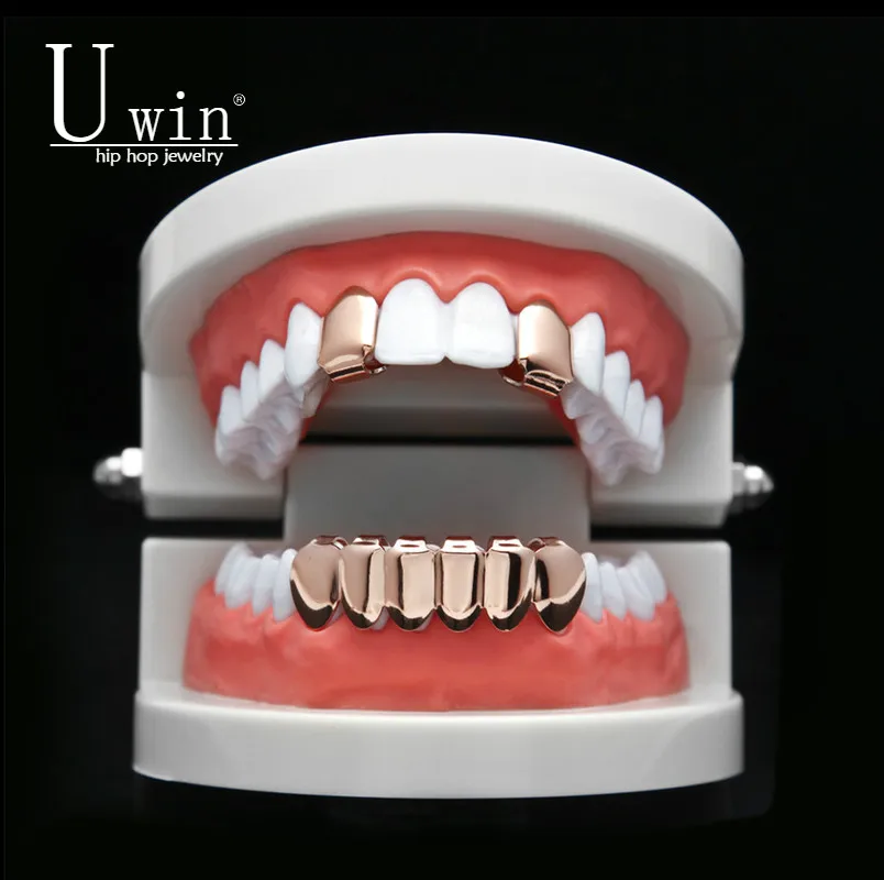 

UWIN Hip Hop Rose Color Custom Mouth Grills Set 2pcs Single Top & 6 teeth Bottom set gold grills