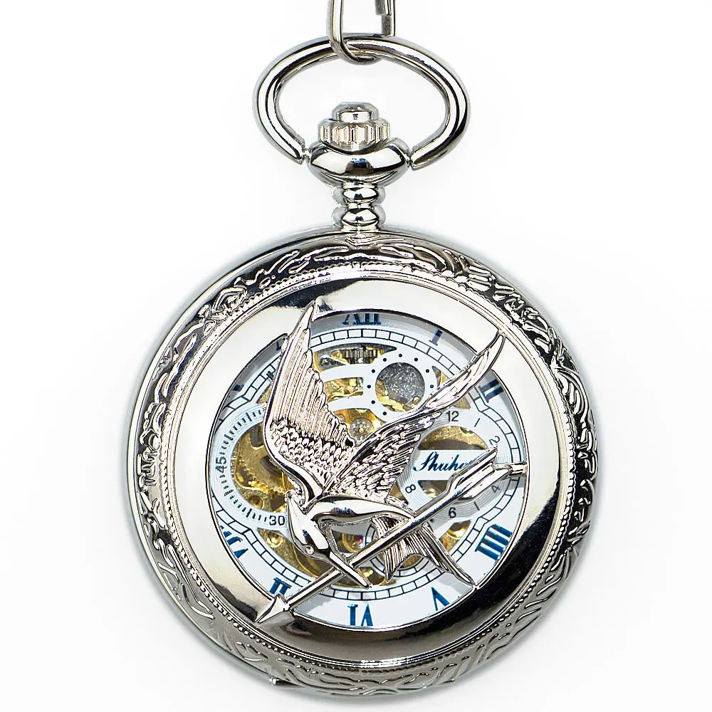 

Top Brand Mechanical Pocket Watches Stainless Steel Skeleton Dial Romen Hand Winding with FOB Chain Mens Womens Watches PJX1338