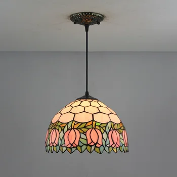 

12 Inch Flesh pink Country Flowers Tiffany pendant light Stained Glass Lamp for Bedroom E27 110-240V