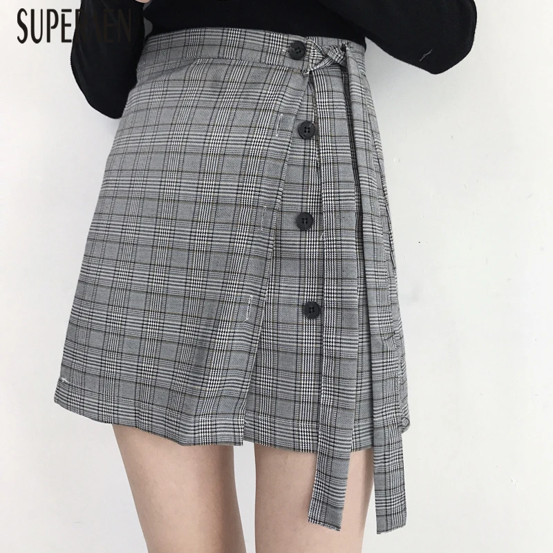 SuperAen Korean Style New Women Skirts Plaid Fashion Wild Casual High Waist Girls Skirts Cotton