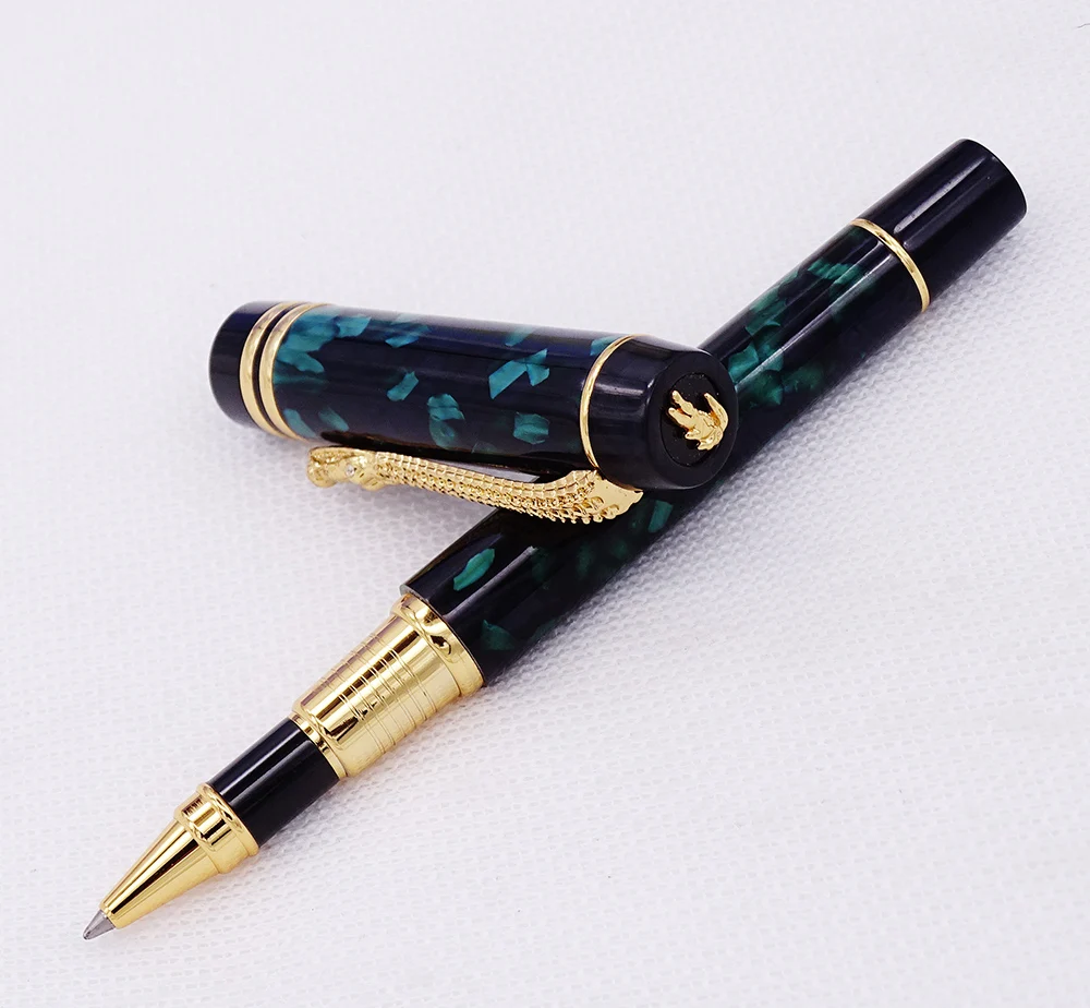 

Marble Celluloid Rollerball Pen with Smooth Refill Writing Pen , Green Flowers Pattern and Crocodile Clip Office Supplies