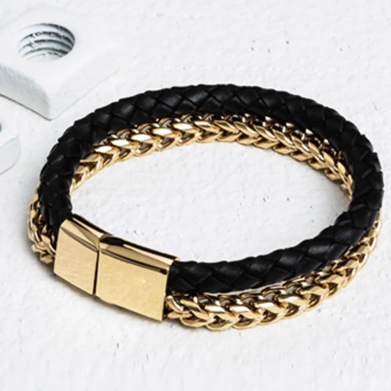 

Mcllroy fashion jewelry Bracelet Punk Double Layer Cowhide Bracelet Rock Style titanium steel de couro pulseiras masculinos