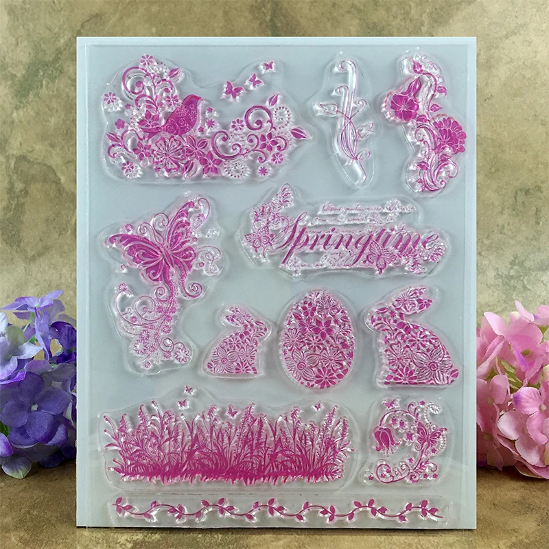 

Spring Time Birds Flowers Rabbits Scrapbook DIY photo cards account rubber stamp clear stamp transparent stamp  14*18 CM