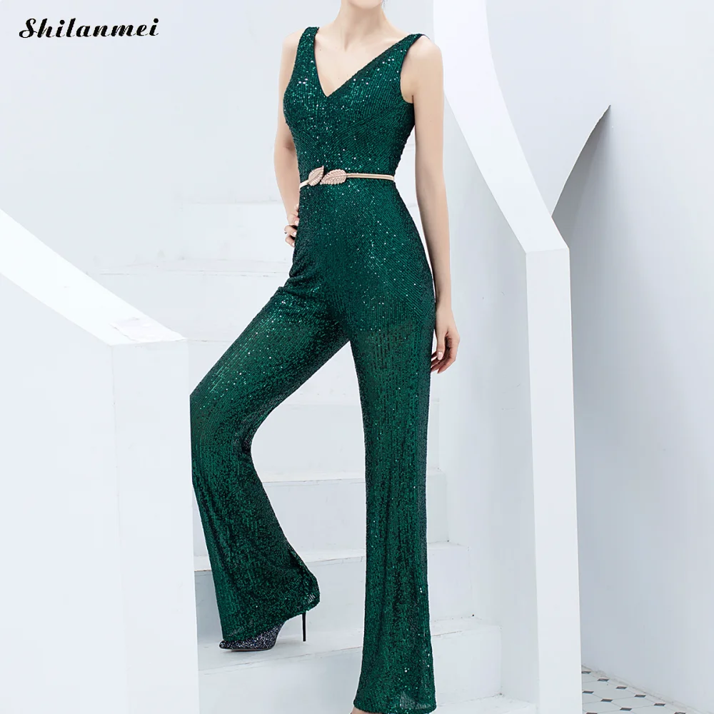 Sparkly Sequined Sequined Women Summer Sexy Deep V-Neck Club Party Long Playsuits Sleeveless Backless Elegant Romper Femme - Color: green