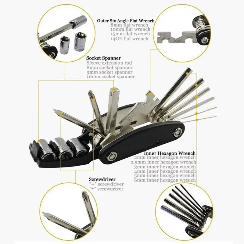 

Bike Repair Tool Kits - 16 in 1 Multifunction Bicycle Mechanic Fix Tools Set Bag with Tire Patch Levers black