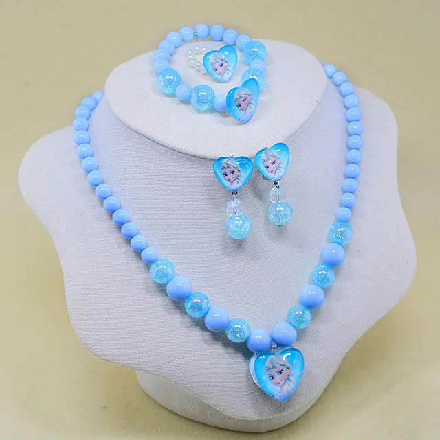 

5pcs Disney cartoon Frozen Elsa children necklace+bracelet+ring+clip earring accessories doll girl birthday gift cosmetic chain
