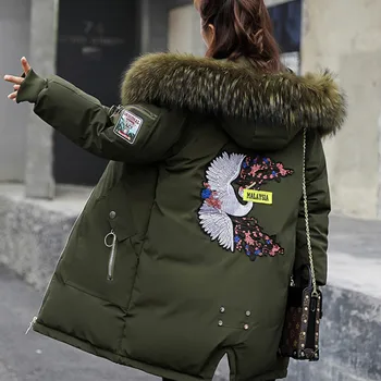 

Plus size Winter Jackets Women Embroidery Coats Big fur collar Hooded Down Jacket Warm Long Parka Women Thicken Cotton Jackets