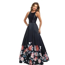 Heißer Verkauf Schwarz Gedruckt Promkleider 2017 Sleeveless A-Line Satin lange Abendgesellschaft Kleid Backless vestido de festa robe de bal
