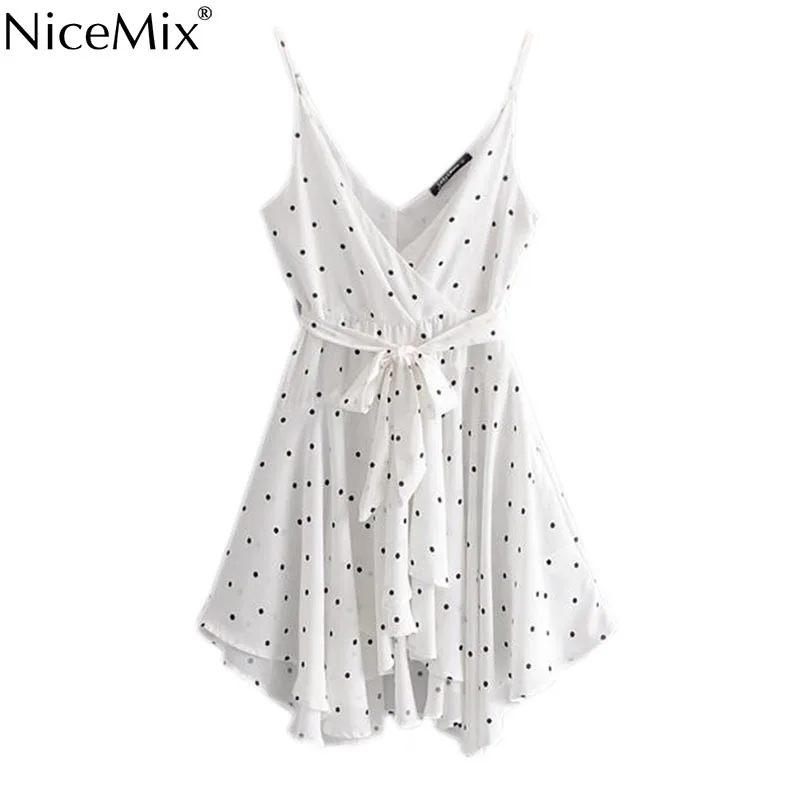 NiceMix Vintage Sexy Polka Dot Sashes Strap Mini Jumpsuits Womenn 2019 V Neck Sleeveless Backless Ladies Rompers Casual Vesti