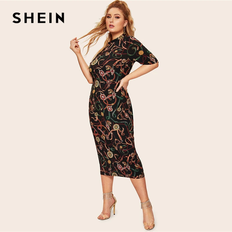 SHEIN Plus Size Multicolor Mock Neck Chain Print Pencil Dress 2019