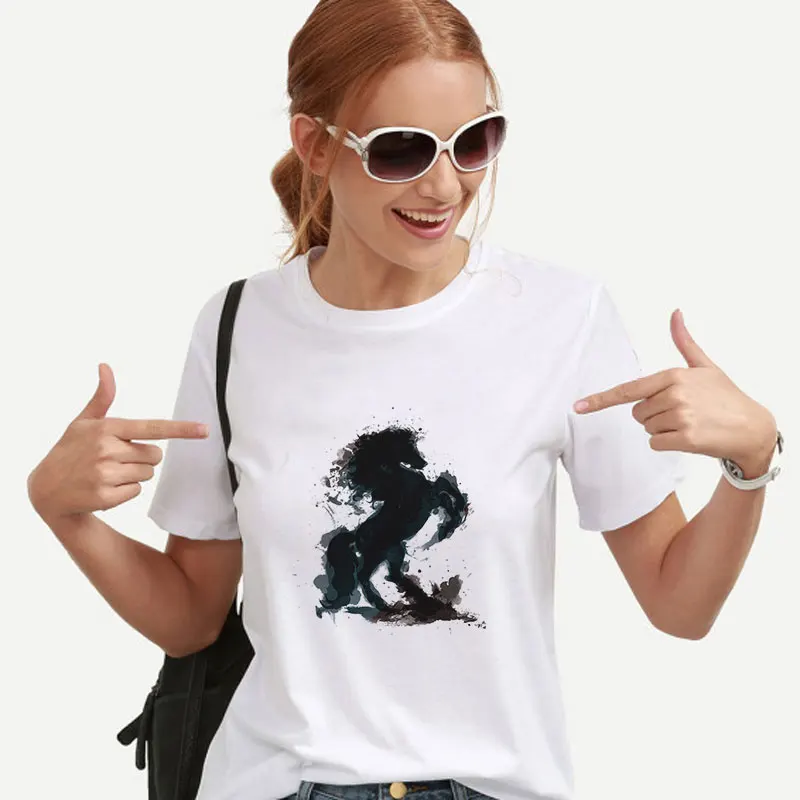 

Summer 2019 Harajuku Kawaii horse Aesthetics White Couple T-Shirt Women Fashion Casual Print Short Sleeve Tops Camiseta Mujer