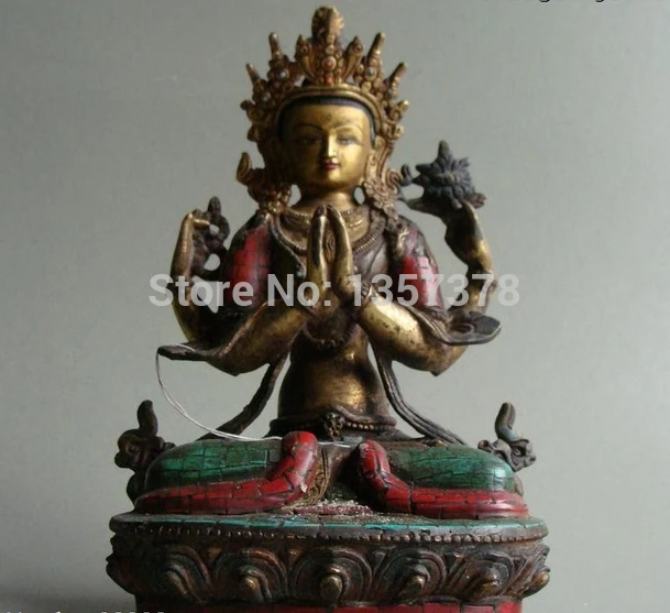 

shitou 001098 Nepal Buddhism pure Bronze inlay turquoise Red coral Four Arm Kwan-Yin Buddha
