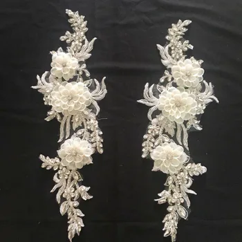 

1 Pair / lot Luxury 3D flower Rhinestone Beaded Lace Applique Pair , Wedding Gown Bridal Dress Emebllishment Accessories
