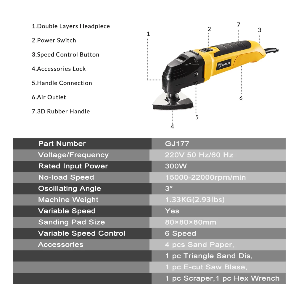 DEKO GJ177 220V Variable Speed Electric Multifunction Oscillating Tool Power Multi-Tool Electric Trimmer with Saw Accessories