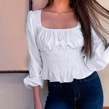 ^^Best Offers New Women's Blouse White Chiffon Short Shirts Crop Tops Big Square Neck Long Sleeve Elastic Blouses blusas mujer de moda 2019 ^^Best Offers New Women's Blouse White Chiffon Short Shirts Crop Tops Big Square Neck Long Sleeve Elastic Blouses blusas mujer de moda 2019