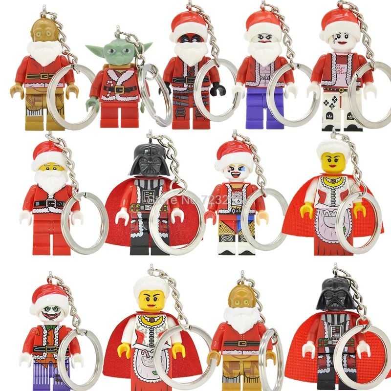 

Christmas Legoingly Keyrings Block Lot Santa Claus Darth Vader Yoda Joker Harley Quinn C3PO Deadpool Building Blocks Key Chain