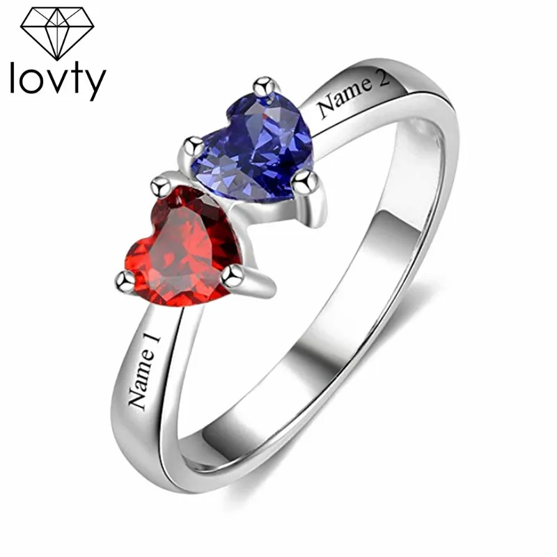 

lovty Personalized Two Birthstones Ring 925 Silver Engraved Name Ring Unique Design Custom Promise Ring for Women Dropshipping