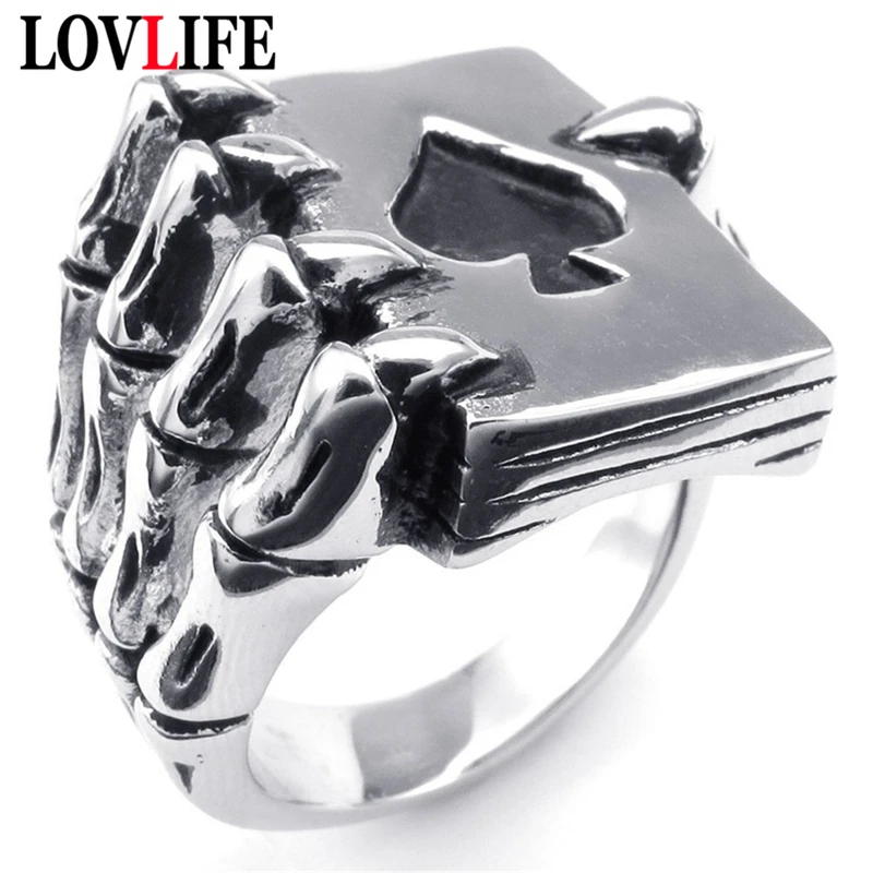 

Vintage Gambling Hand Bone Men Hand Ring Poker Card Spades Design Men's Alloy Hand Jewelry Gifts