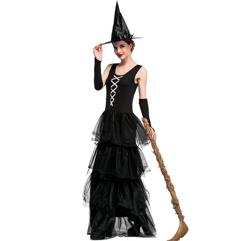 Новый Хэллоуин взрослых Ведьма черный рукавов пушистый нарядное платье маскарад Вечерние маг DS Сексуальная зло Черная Королева одежда для