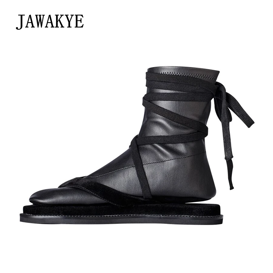 

New Split toe Lace up Sock Boots for Women Black Genuine leather Fashion Flip Flop Flat Ladies Runway Shoes Woman boots