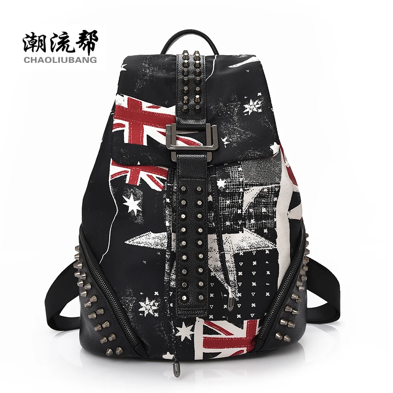 Sky fantasy fashion nylon with leather rivet punk hip hop English style women backpack popular youth