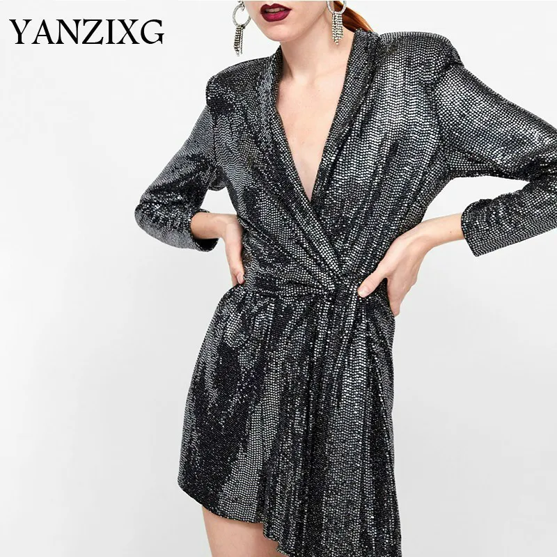 

Patchwork Sequins Women's Jumpsuits V Neck Long Sleeve Bandage Playsuits Female 2019 Spring Elegant Fashion New E558