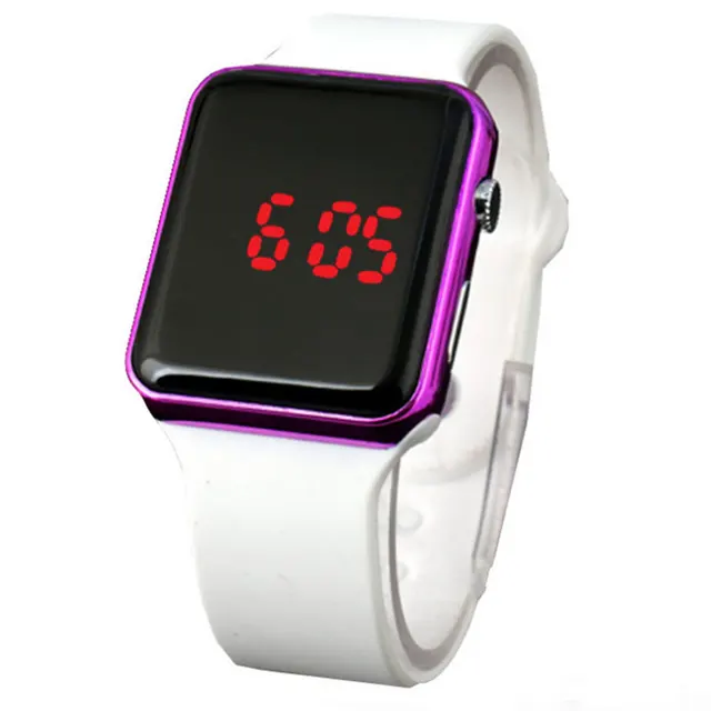 Square Mirror Face Silicone Band Digital Watches Red LED Watch Metal