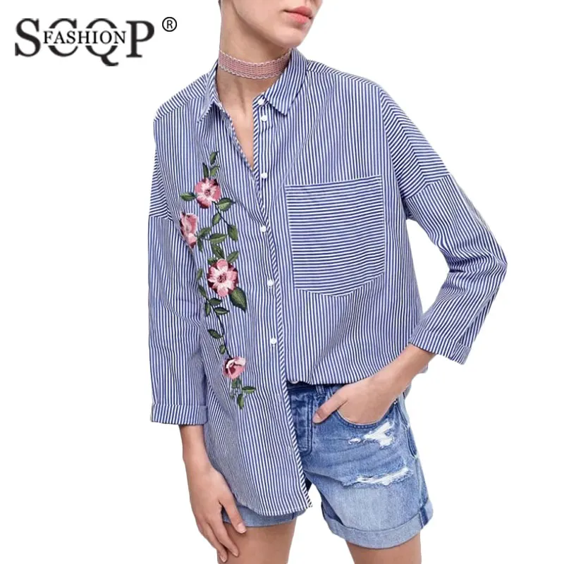 Scqp fashion полосатый вышивка синий женская верхняя одежда и блузки женские с длинным