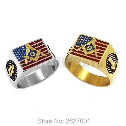 Wholesale American Flag Masonic Biker Ring Stainless Steel Jewelry Silver Color Gold USA Flag Motor Biker Men Ring SWR0634