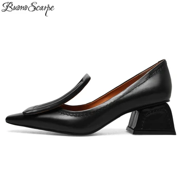 

2019 Spring Autumn Genuine Leather Slip On Fashion Shoes Med Heels 5cm Square Toe Yellow Grey Pumps Casual Shoes Women Zapatos