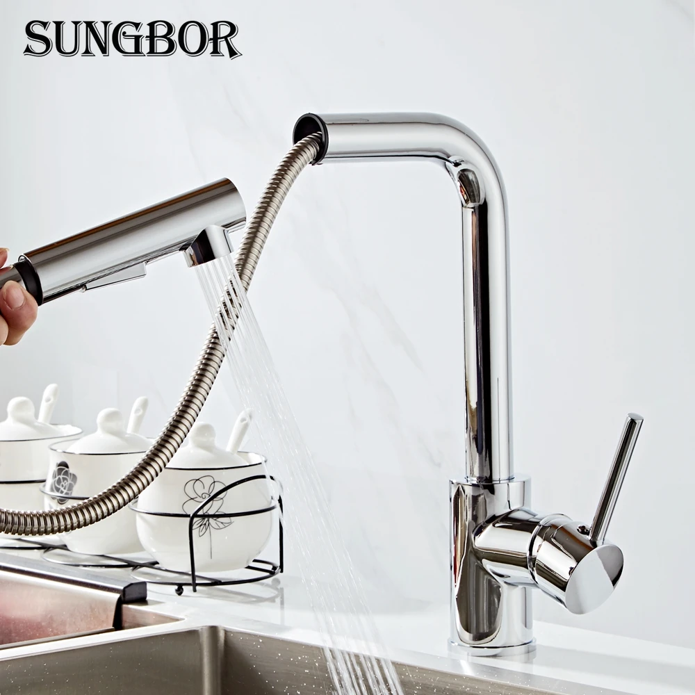 Kitchen Pull-Out 360 Degrees Swivel Spout Sink Single Handle Chrome Tap Faucet 
