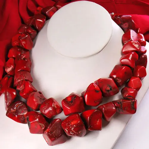 

20" Double Strands Coral Nugget Silver Toggle Huge pendant Necklace