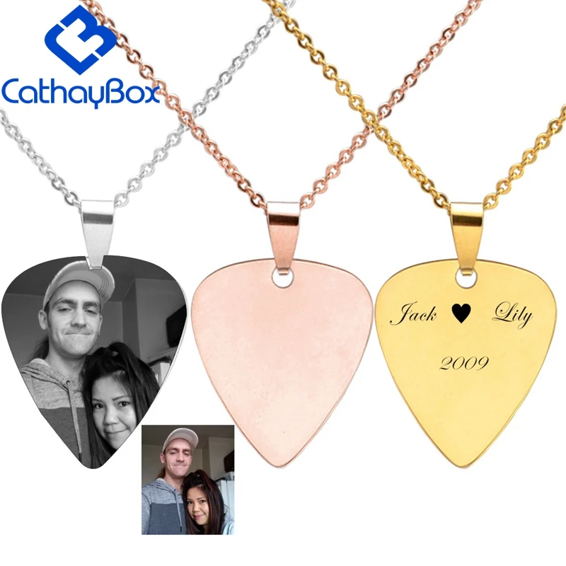 

Personalized Stainless Steel Guitar Pick Blank Dog Tag Engrave Photo Name Charm Key Chain Pendant W/ SS Chain 50CM